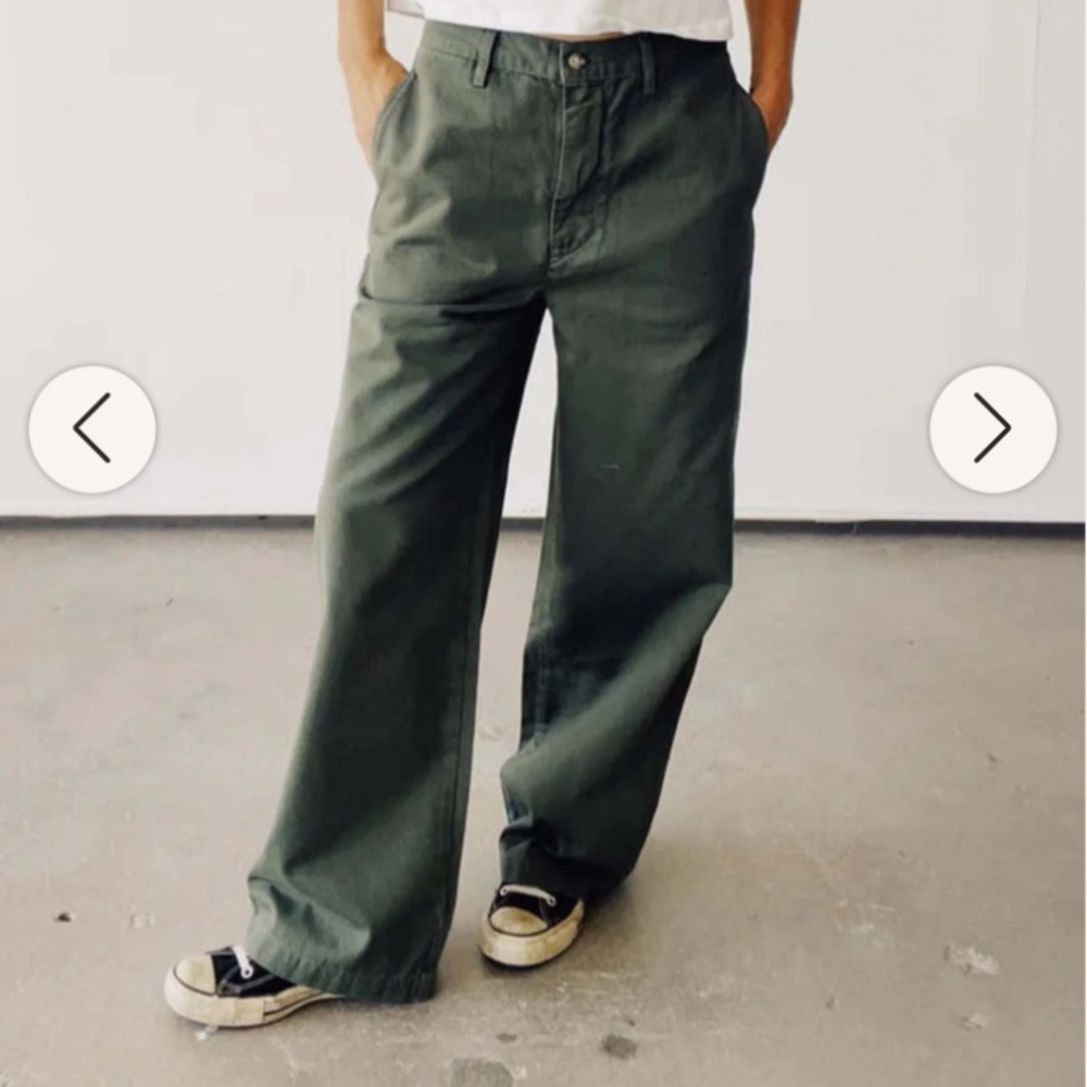 NWT Hey Gang Buckle Back Trouser in Army Green, 27, retail $300+, made in USA